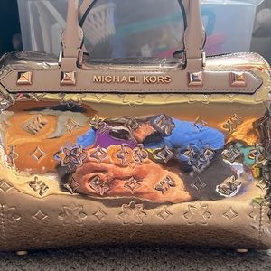 Michael Kors Rose Gold Kara Mirror Satchel Crossbody Bag.